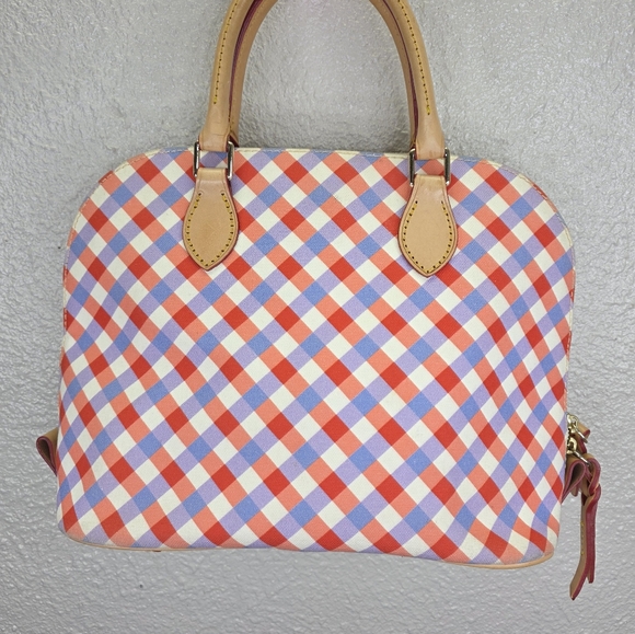 Dooney & Bourke Gingham Zip Satchel Red  Blue Leather Bag - Picture 4 of 16